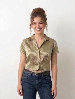 Accomplice Vintage 90s Floral Jacquard Cropped Blouse - Flaws - Small